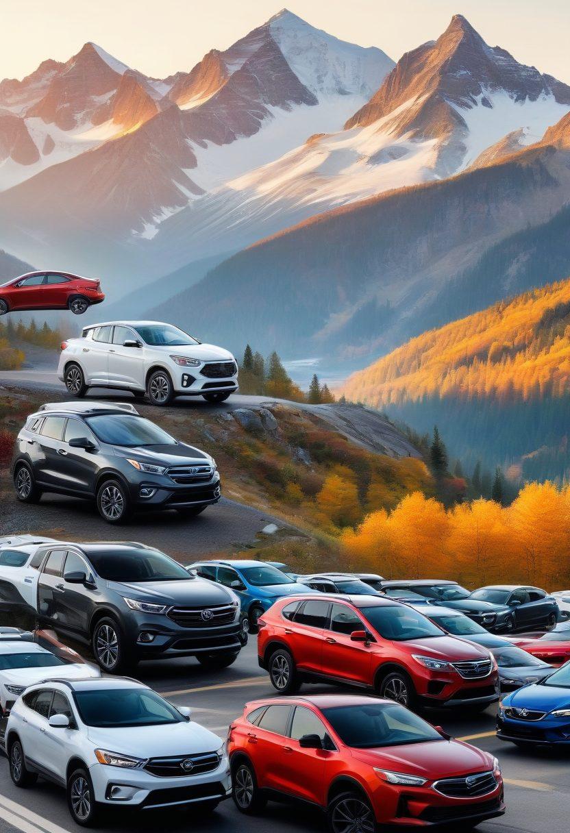 A collage of diverse vehicles, from compact cars to SUVs, surrounded by floating insurance policy icons (like shields and checkmarks) representing various coverage options. The background showcases a scenic road winding through mountains, symbolizing exploration and adventure. Soft sunlight filters in, giving a warm and inviting feel. super-realistic. vibrant colors. white background.