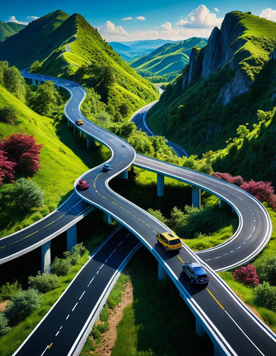 A visually striking roadmap winding through a picturesque landscape, with signposts highlighting car insurance deals and discounts. Incorporate playful icons like dollar signs and shields symbolizing protection, alongside diverse vehicles traveling the road. The sky is bright and clear, symbolizing understanding and clarity in insurance choices. Use vibrant colors to evoke a sense of optimism and adventure. super-realistic. vibrant colors. 3D.