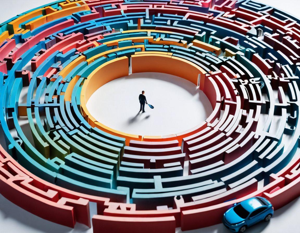 A person standing at the center of a complex maze made of automobile insurance paperwork, holding a magnifying glass while surveying various cars symbolizing coverage options. In the background, a bright sun shining down to represent understanding and guidance, with arrows pointing towards affordable rates. The overall scene should communicate both complexity and clarity, blending digital elements with classic paper documents. vibrant colors. super-realistic. white background.